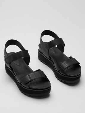 EILEEN FISHER Black CALO Tumbled Leather Wedge Sandals Size 11